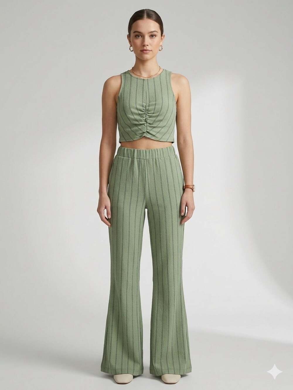 Women's Ribbed Knit 2-Piece Set Green Crop Tank & Flare Pants Casual Comfy Chic